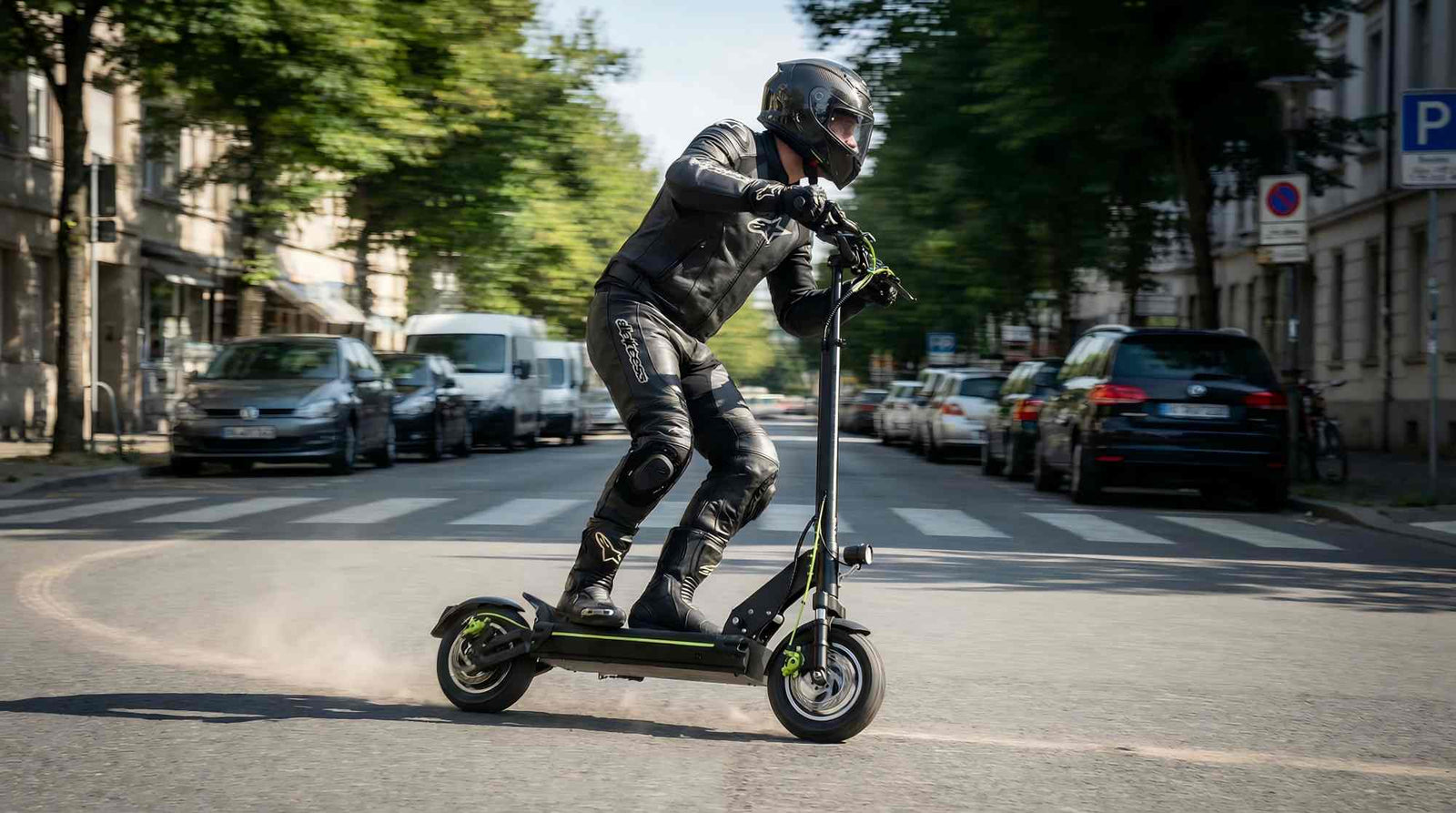 A man wearing a helmet and riding gear rides an electric scooter down a street: a black-and-green TODIMART D5 adult electric scooter—featuring App control and suitable for both urban commuting and off-road terrain.