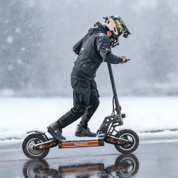 A man wearing professional cycling gear rides a TODIMART S9 orange adult electric scooter on a slippery, snowy road.