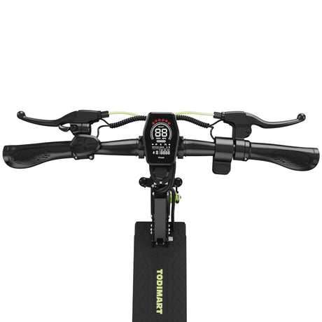 Front view of an electric scooter handlebar with a central digital display, brake levers on both sides, and rubber grips, shown against a plain white background